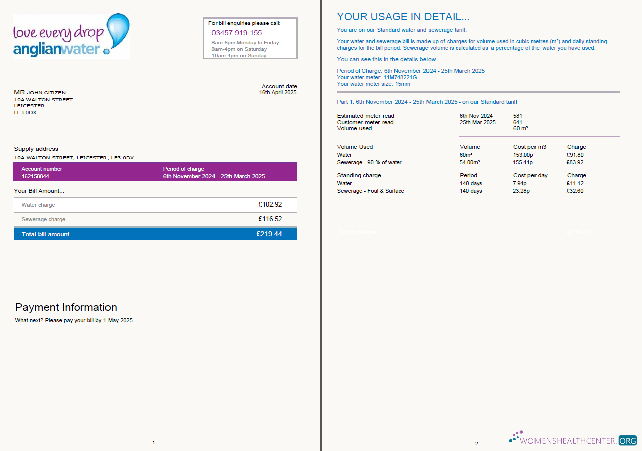 download United Kingdom Anglian Water utility bill template in Word and PDF formats, 2 pages PDF template